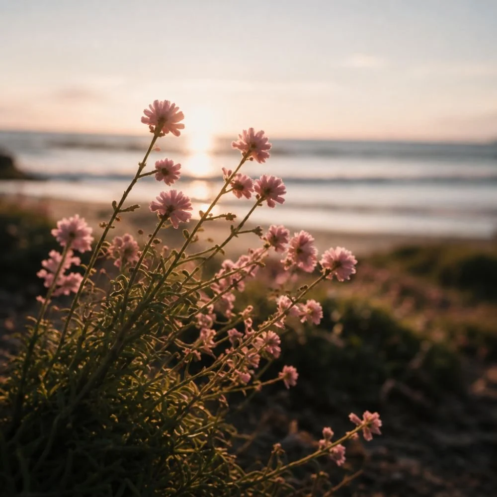Louise Redding Counselling, Online therapy across the UK. Pink flowers on a beach at sunset with the ocean in the background.