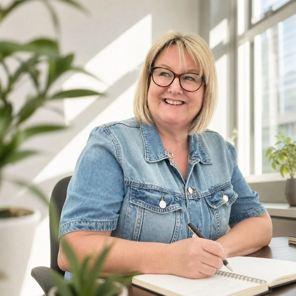 Louise Redding Counselling, Online therapy across the UK. Louise smiling, wearing glasses and a denim shirt sitting at a desk with an open notebook and pen, with plants and large windows in the background.