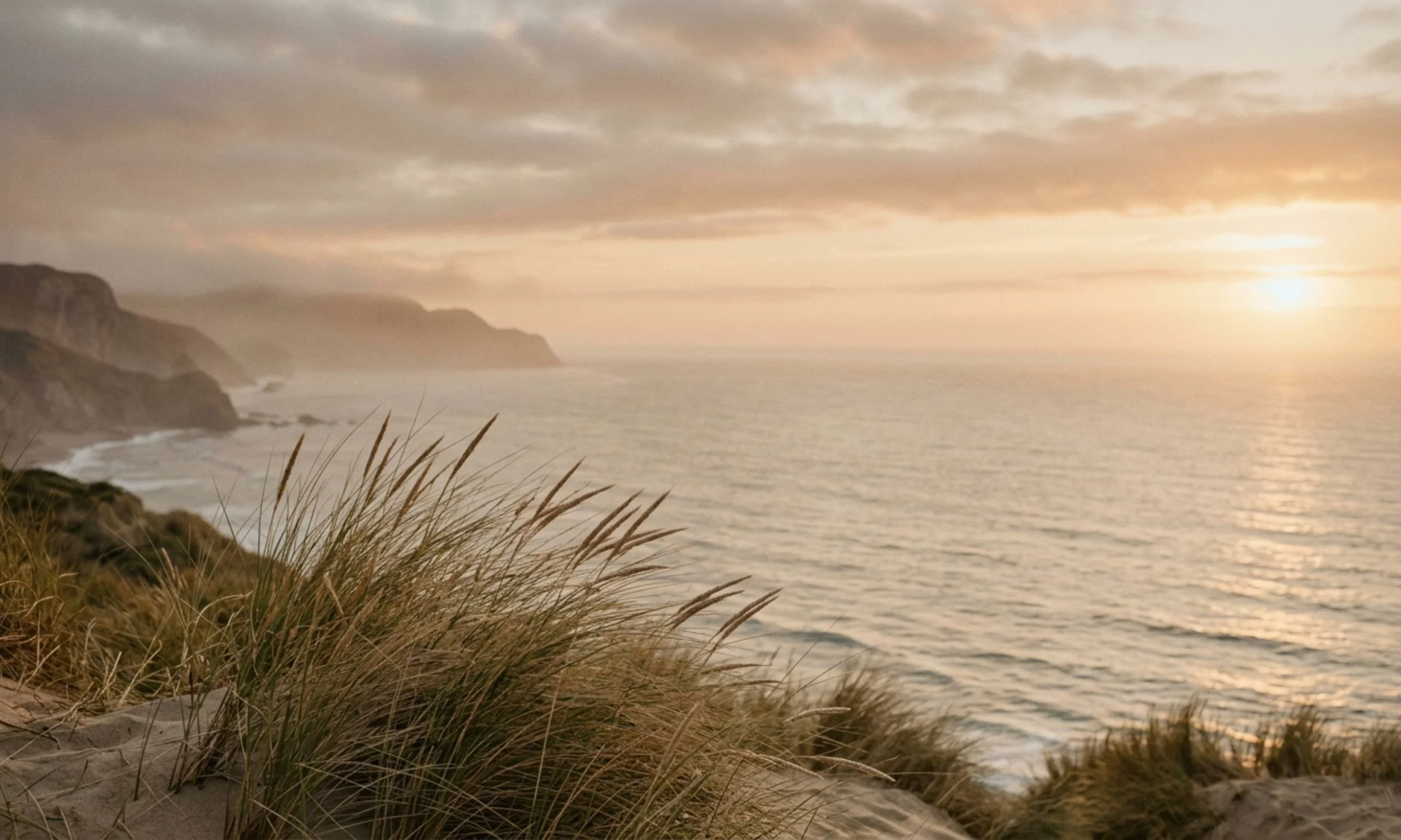 Louise Redding Counselling, Online therapy across the UK. Coastal landscape during sunset with cliffs, ocean, cloudy sky, and grass in the foreground.