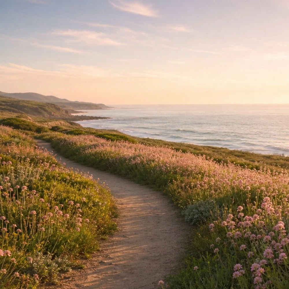 Louise Redding Counselling, Online therapy across the UK. A dirt pathway winds through a field of pink flowers along the coast, with ocean waves and cliffs in the background during sunset.