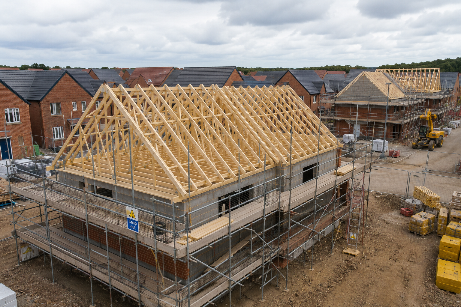 New roof trusses and timber framework being installed on a residential property in the West Midlands — Radian Roofing new build specialists