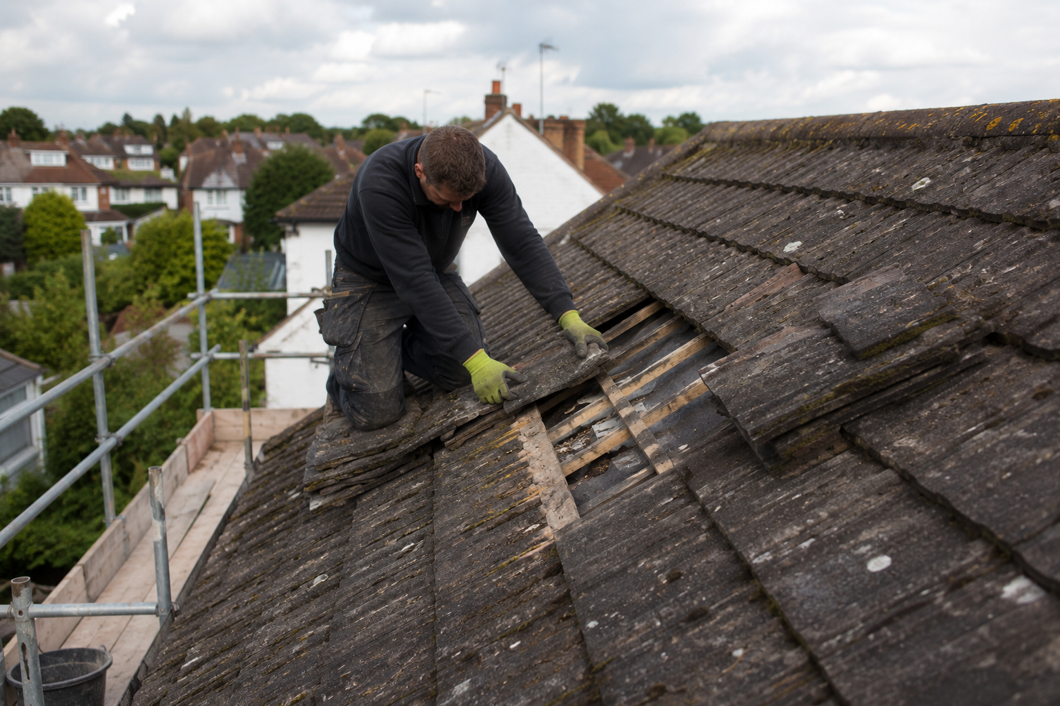 Roof repair specialist fixing a tiled roof on a residential property in Solihull — Radian Roofing