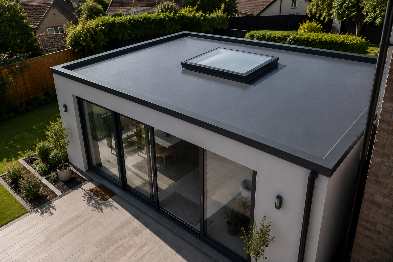 Modern residential extension with GRP flat roof installation — Radian Roofing, Solihull and Birmingham