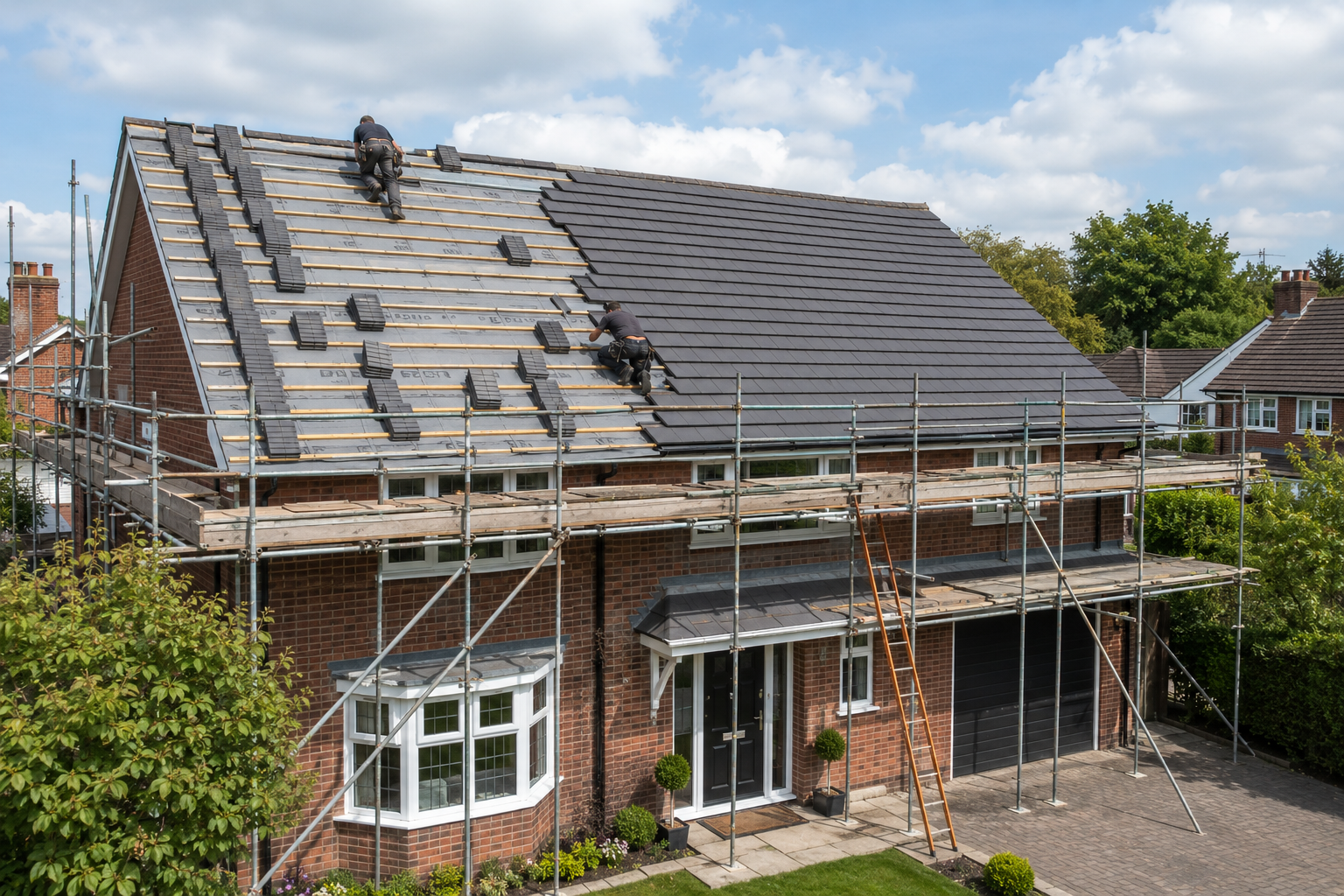 Radian Roofing team installing roof tiles on a red brick detached house in Solihull, West Midlands