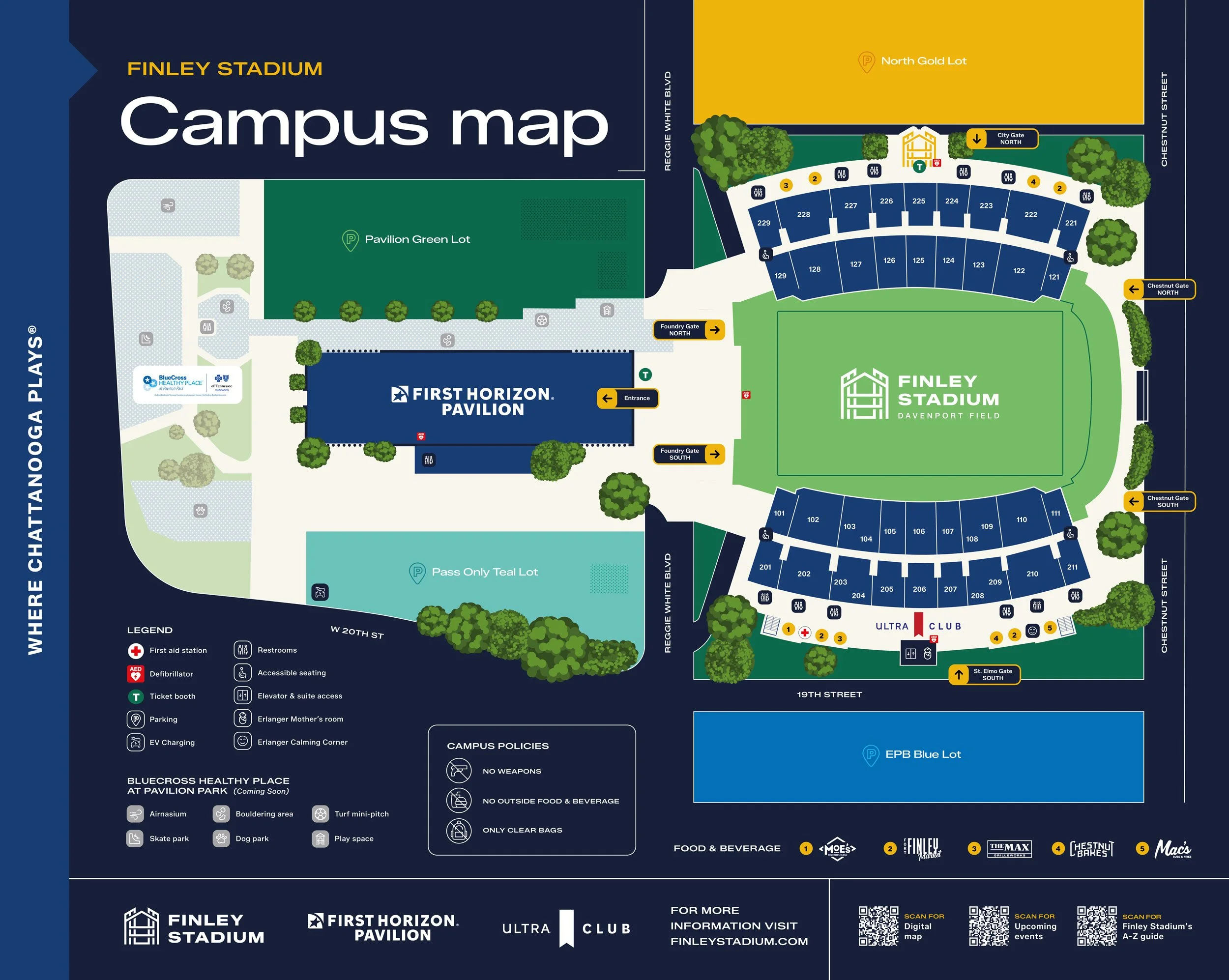 A campus map of Finley Stadium in Chattanooga, Tennessee, showing various sections including the pavilion, stadium, parking lots, gates, and facilities. It includes labels for amenities like restrooms, accessible seating, AED, EV charging, and other features.