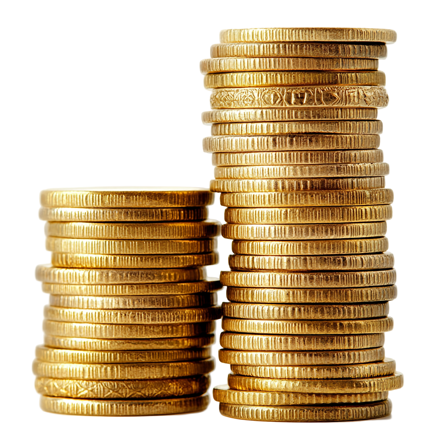 Stacks of gold coins, with two stacks of coins in the foreground, one shorter and one taller, on a black background.