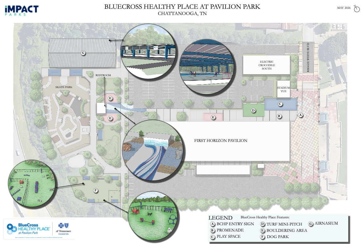 Site map of BlueCross Healthy Place at Pavilion Park in Chattanooga, TN. Features include a skate park, restroom, turf mini-pitch, airnasium, promenade, play space, dog park, and parking areas. The map has labeled entrances, pathways, and various recreational facilities.