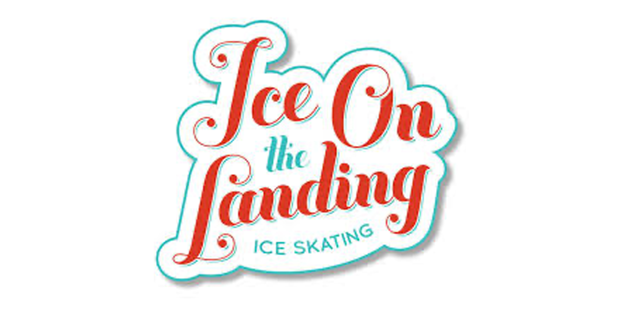 Logo for Ice on the Landing ice skating event with red and blue text on a white background.