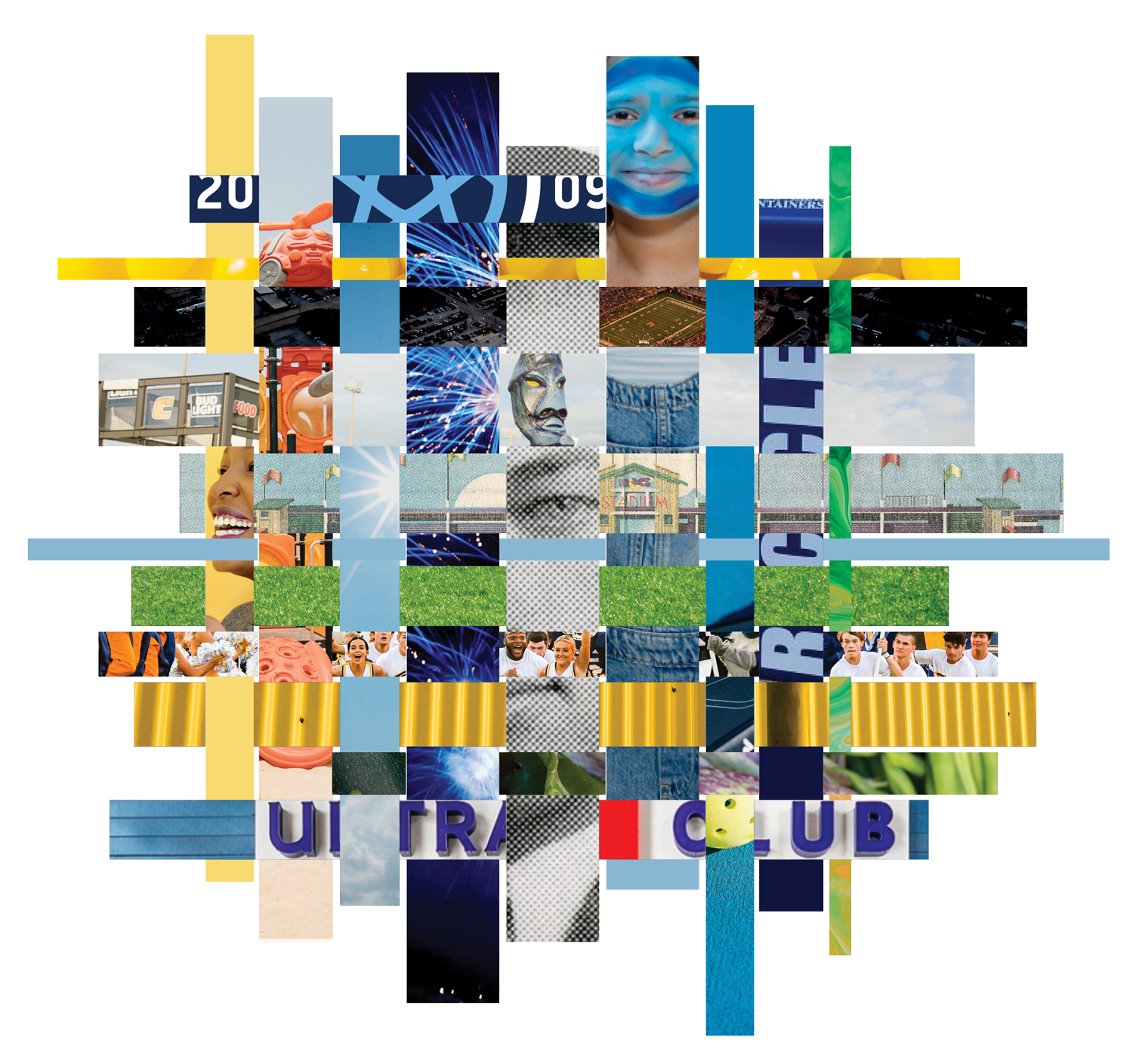 A collage of images including sports stadiums, smiling athletes, fireworks, a person with face paint, cheerleaders, and local landmarks, with overlapping colorful blocks and text.
