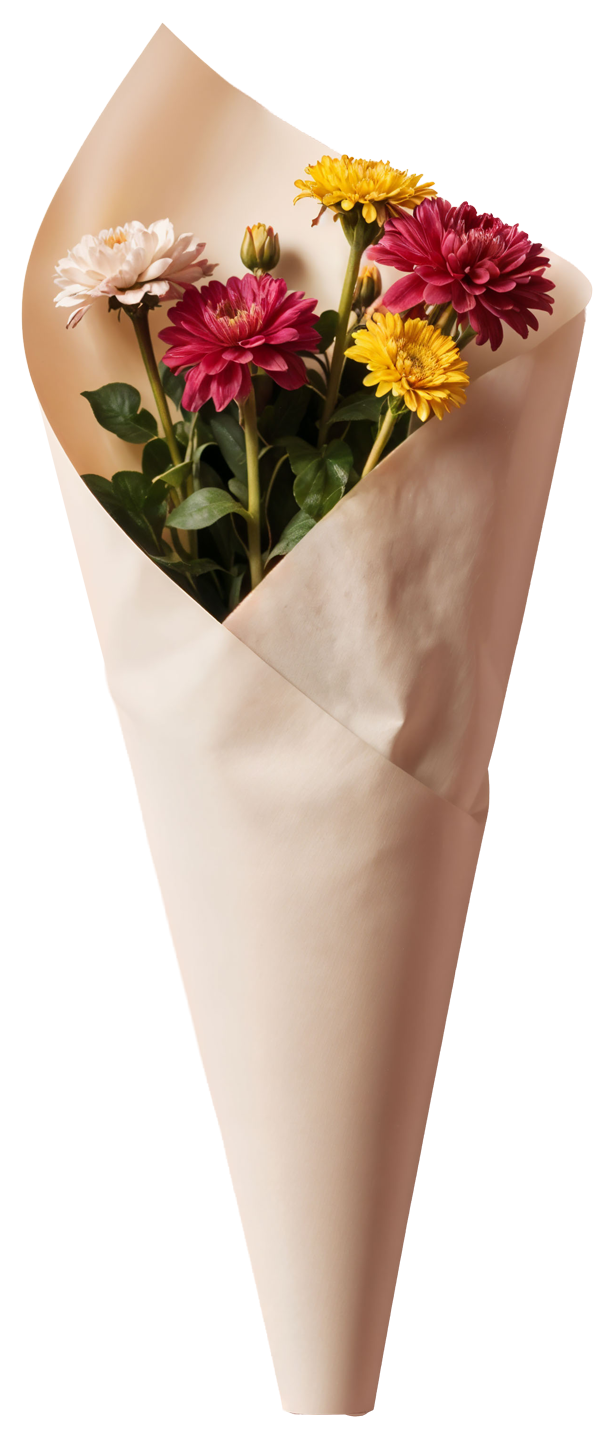 Bouquet of pink, yellow, and white flowers wrapped in beige paper.