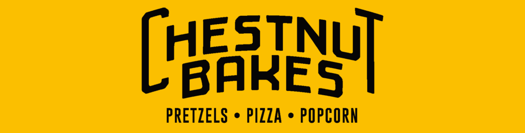 Logo for Chestnut Bakes with the words Pretzels, Pizza, and Popcorn underneath.