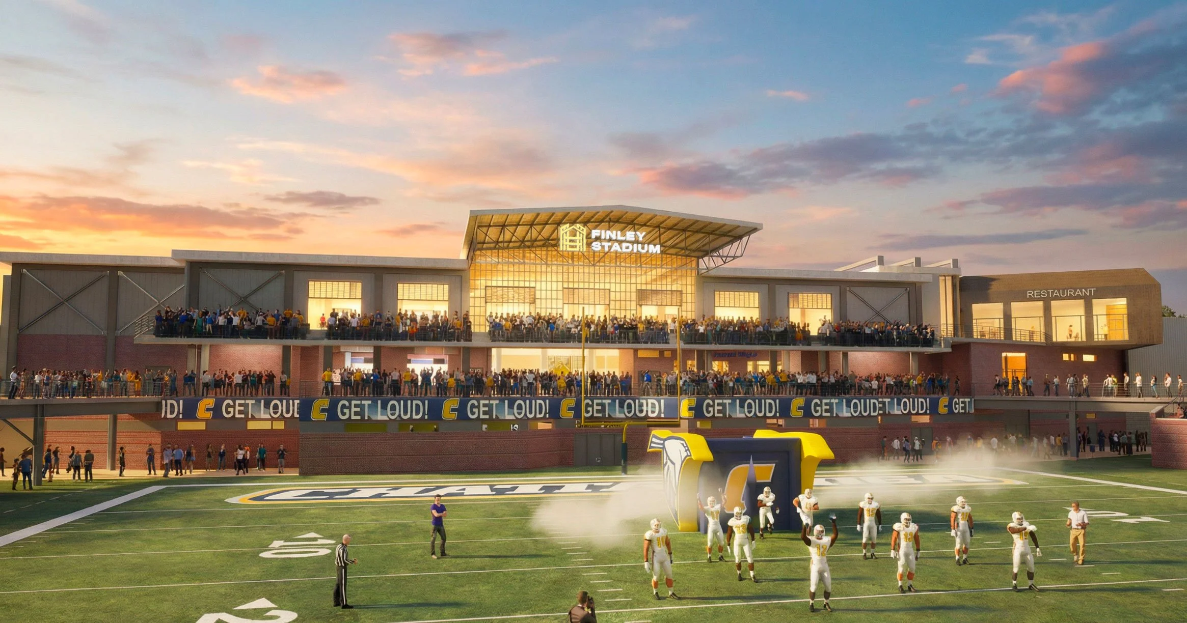 A football stadium named Finley Stadium with spectators on the upper and lower levels. Players in white uniforms on the field, and a large scoreboard and banners with slogans. The sky shows a sunset with clouds.