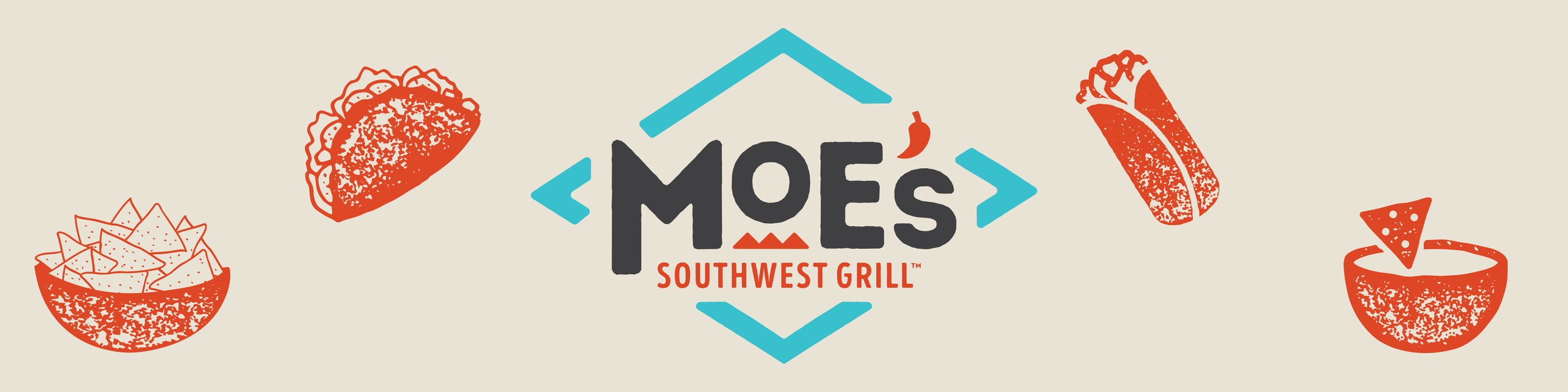 Graphic design featuring the words 'Moe's Southwest Grill' with illustrations of Tex-Mex food items such as nachos, tacos, a burrito, and a bowl of salsa.