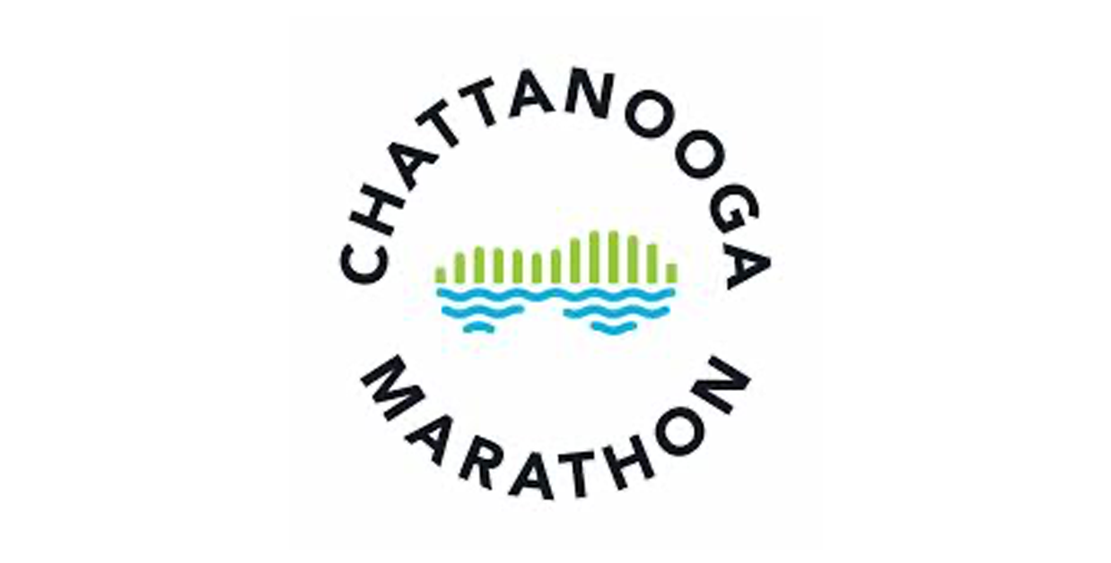 Logo for the Chattanooga Marathon featuring stylized green and blue graphic of a city skyline and water, with the text "Chattanooga Marathon" in a circular arrangement.