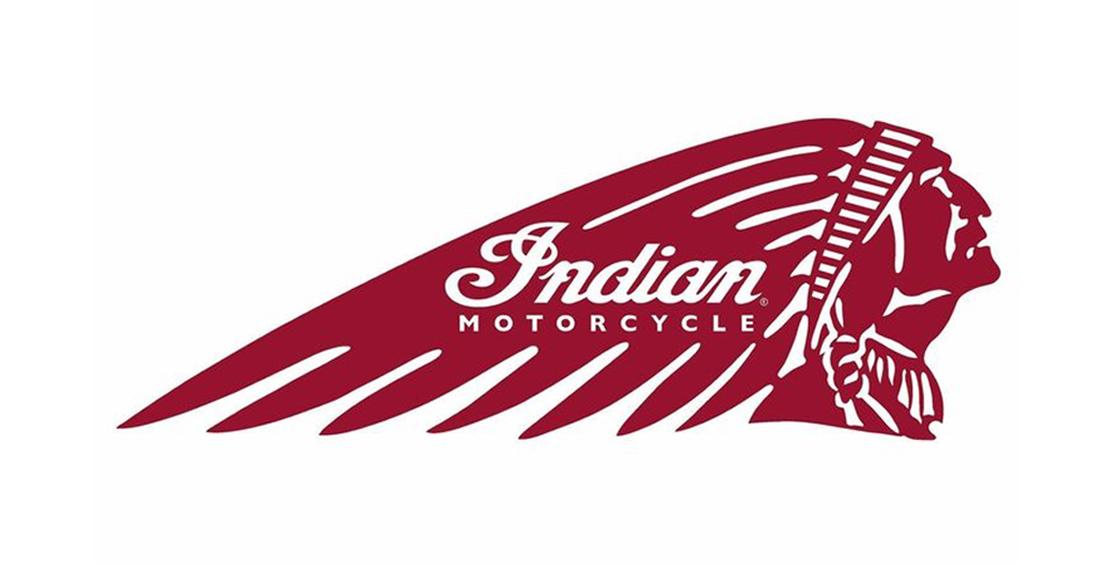 Indian Motorcycle logo with a stylized Native American chief's profile and feathers in maroon and white.