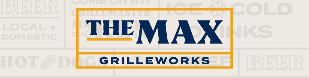 Logo for The MAX Grilleworks with navy blue text and an orange border.