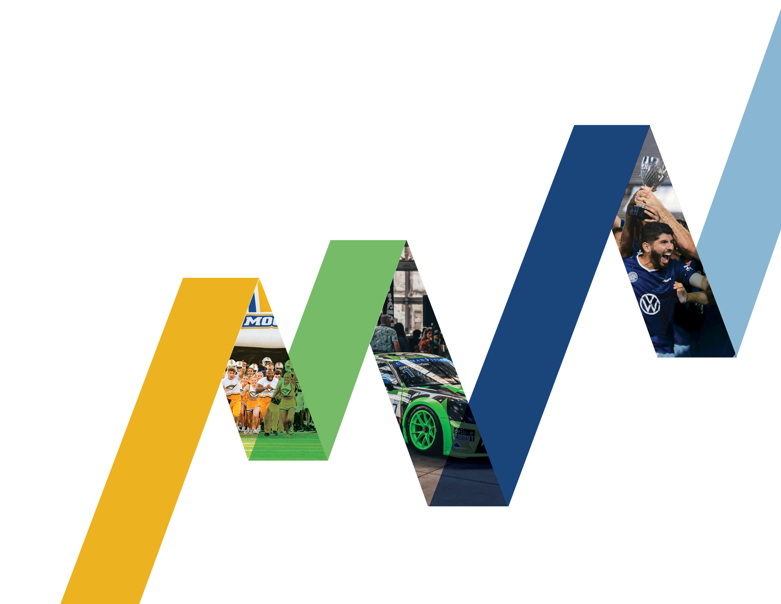 A collage with various sports images, including a soccer player celebrating, a race car, a group of children, and a trophy. Overlaid with colorful geometric shapes and the word 'sports'.