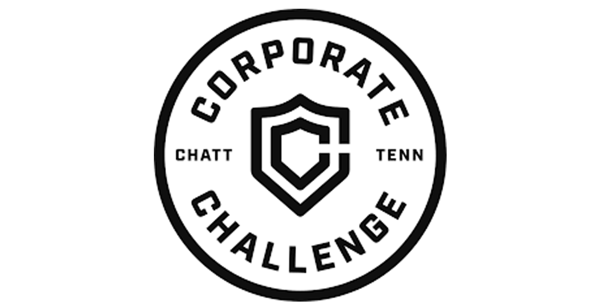 Logo for the Corporate Challenge in Chattanooga, Tennessee featuring a shield emblem and bold circular text.