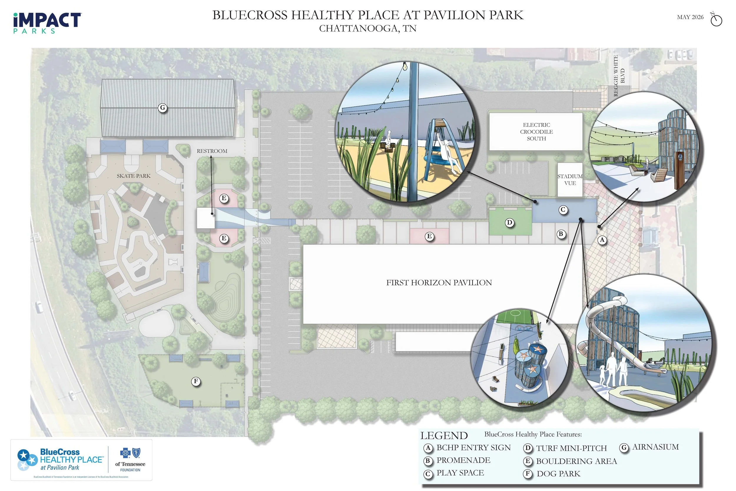 A detailed map of BlueCross Healthy Place at Pavilion Park in Chattanooga, Tennessee, with various features such as a skate park, restrooms, parking lot, play space, and bouldering area. The map includes inset images of playground equipment, a skate park, and architectural structures.