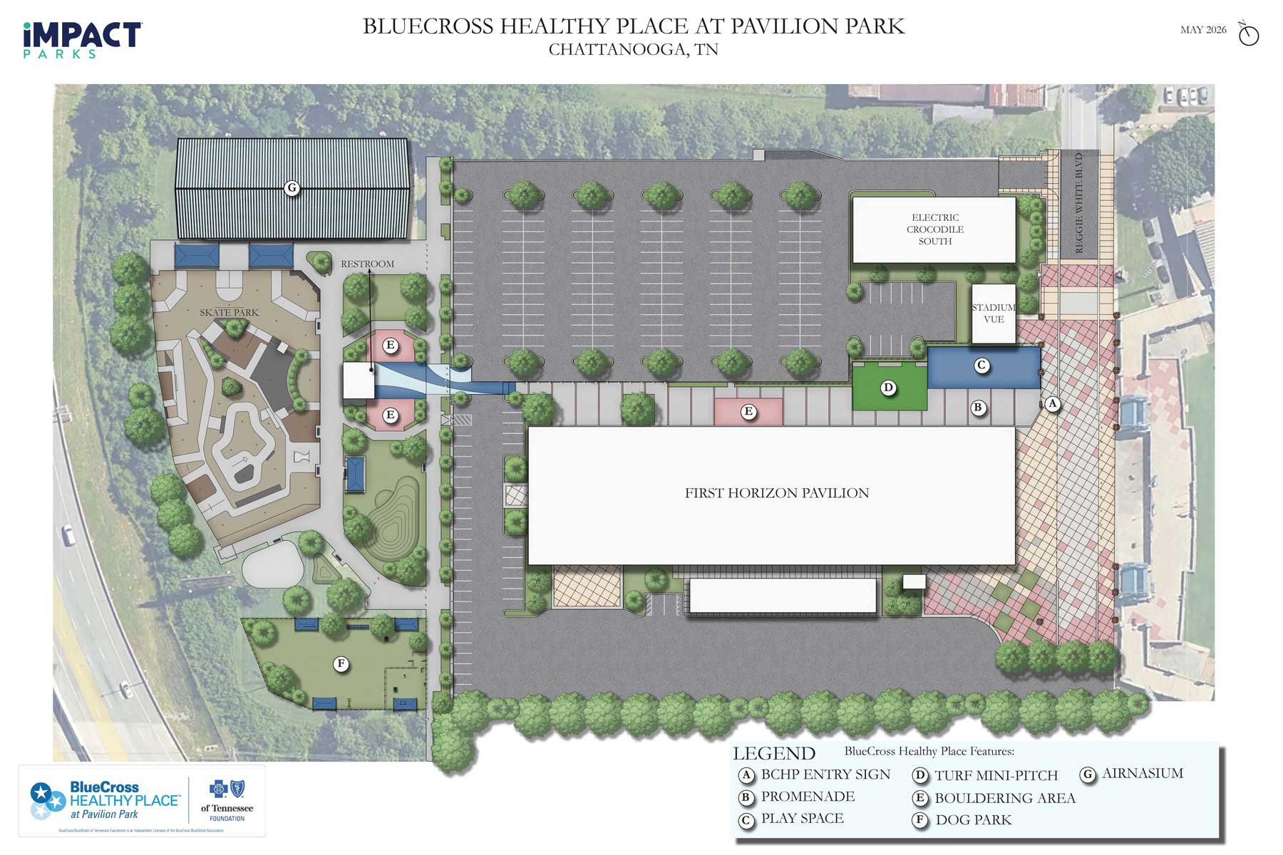 A detailed layout map of BlueCross Healthy Place at Pavilion Park in Chattanooga, TN, showing parking, playgrounds, outdoor fitness areas, and various amenities including a skate park, bouldering area, and dog park, with labels for entry signs, promenades, turf mini-pitches, and other features.