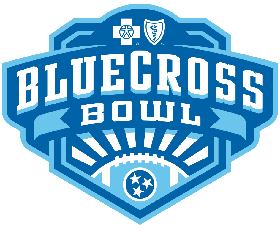 Blue and white logo for the BlueCross Bowl, featuring a football, a Tennessee state emblem, and health symbols.