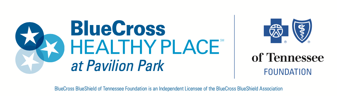 BlueCross Healthy Place at Pavilion Park logo with blue and white stars, BlueCross BlueShield of Tennessee Foundation logo, and a note about independent licensing.