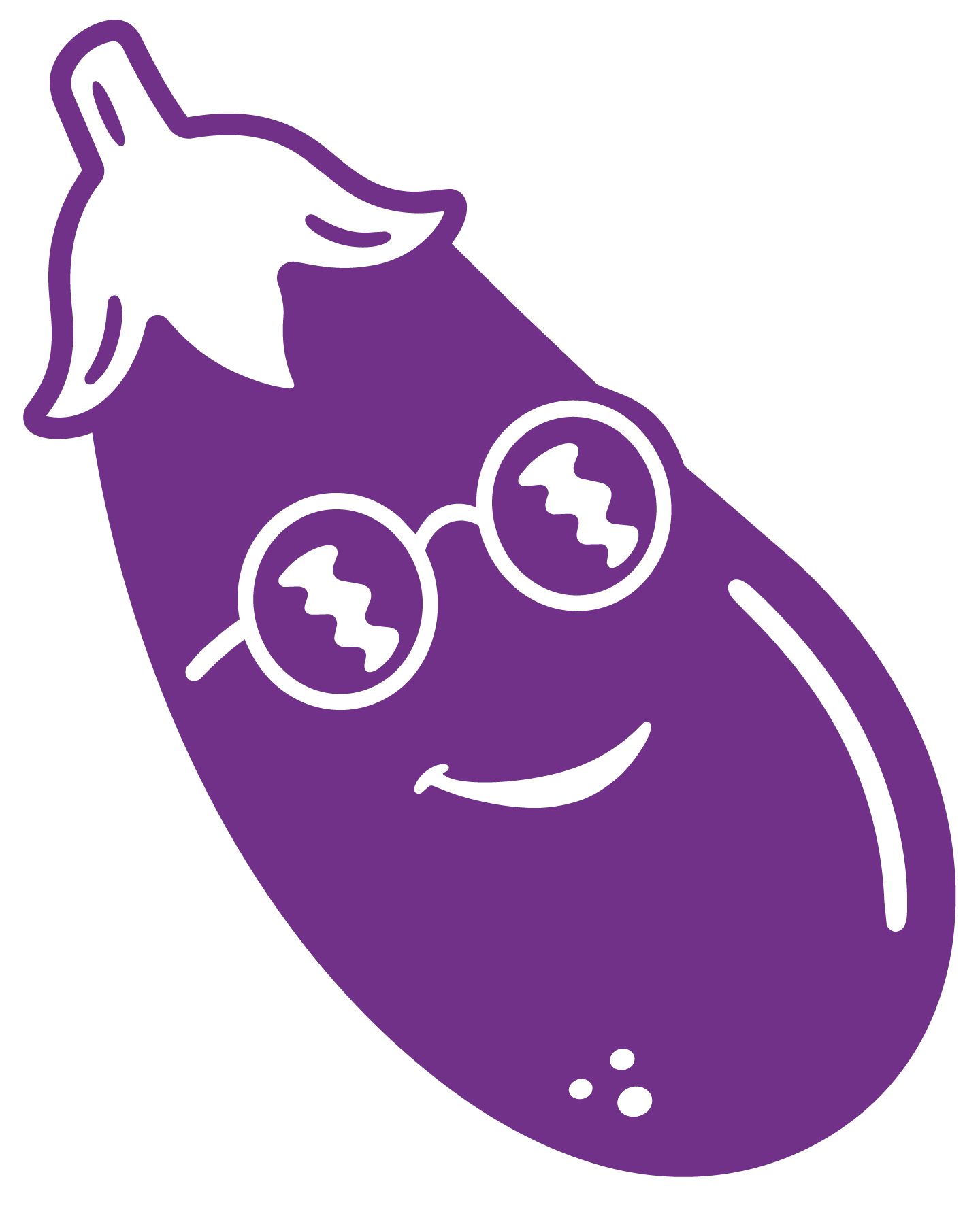 Eine stilisierte, cartoonartige Abbildung eines purplefarbenen B Es in Form eines Eies mit einem Gesicht, das eine lächelnde Miene zeigt, und zwei Augäpfeln.}