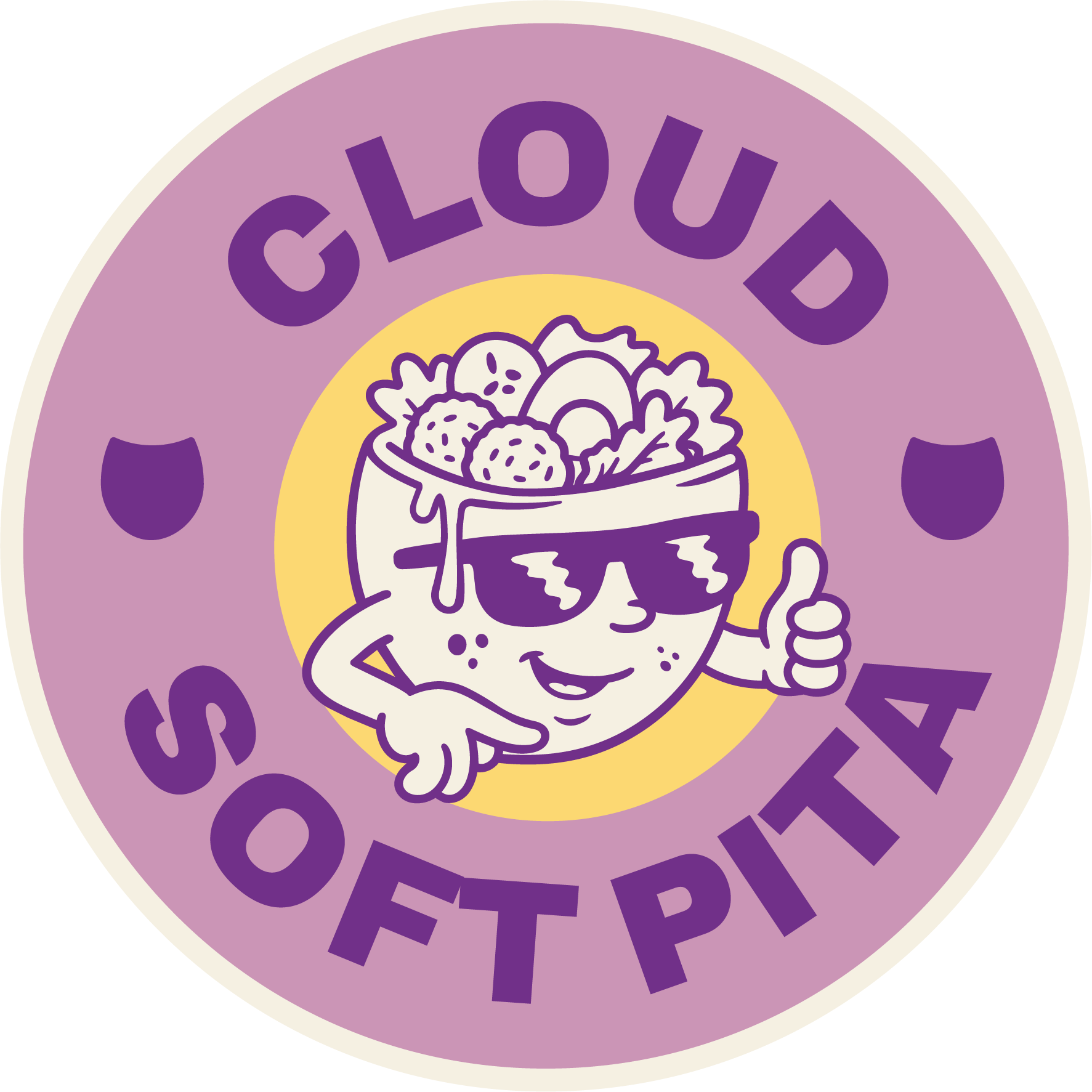 A circular sticker with a purple and yellow design featuring a cartoon child holding a bowl of salad and giving a thumbs-up. The words 'CLOUD SALADS' are curved around the top half of the sticker in purple text.