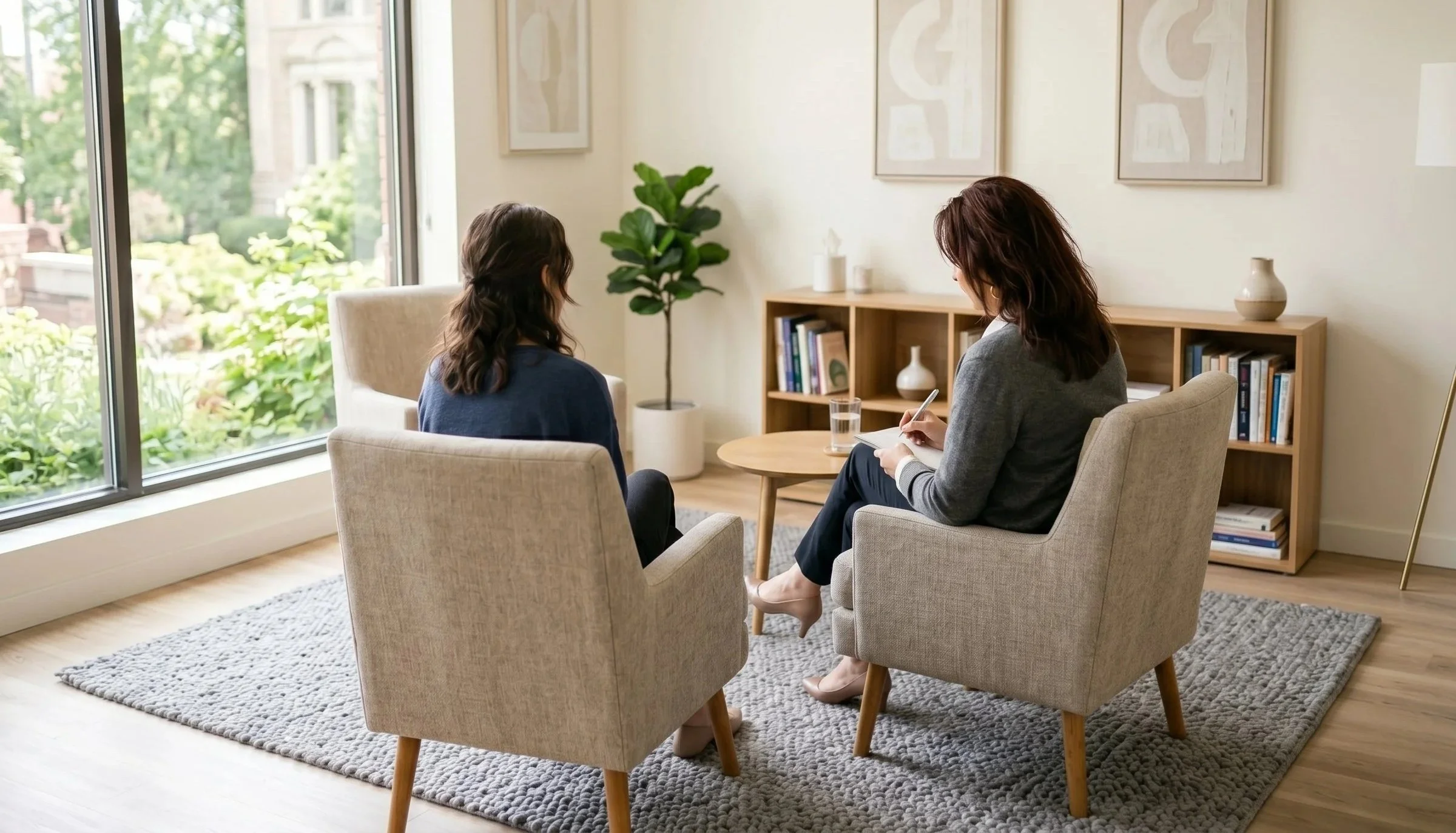 Two women sitting in armchairs in a room with large window, bookshelves, and light-colored decor, one taking notes and the other speaking.