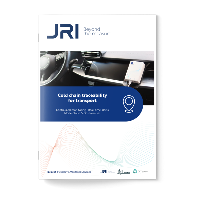 Cover of a report by JRI titled "Beyond the measure," focused on cold chain traceability for transport, featuring a photo of a vehicle interior with monitoring equipment and a graphic of a location pin.