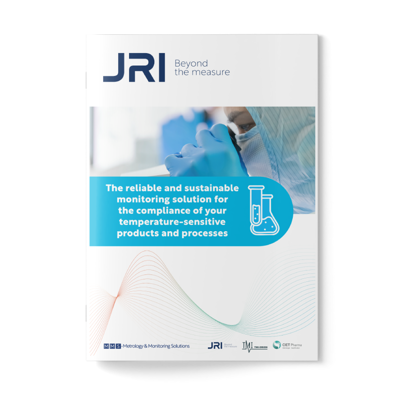 Cover page of a brochure by JRI featuring a scientist in protective gear, with a blue banner highlighting a monitoring solution for temperature-sensitive products, and various logos at the bottom.
