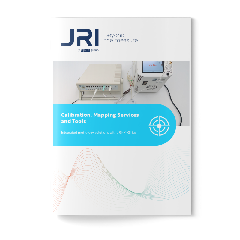 Cover page of a publication titled "Calibration, Mapping Services and Tools" by JRI, featuring images of metrology equipment and a target icon, with a wave pattern design in the background.
