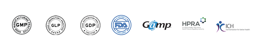 Collection of certification logos including GMP, GLP, GDP, FDA, Gamp, HPRA, and ICH.