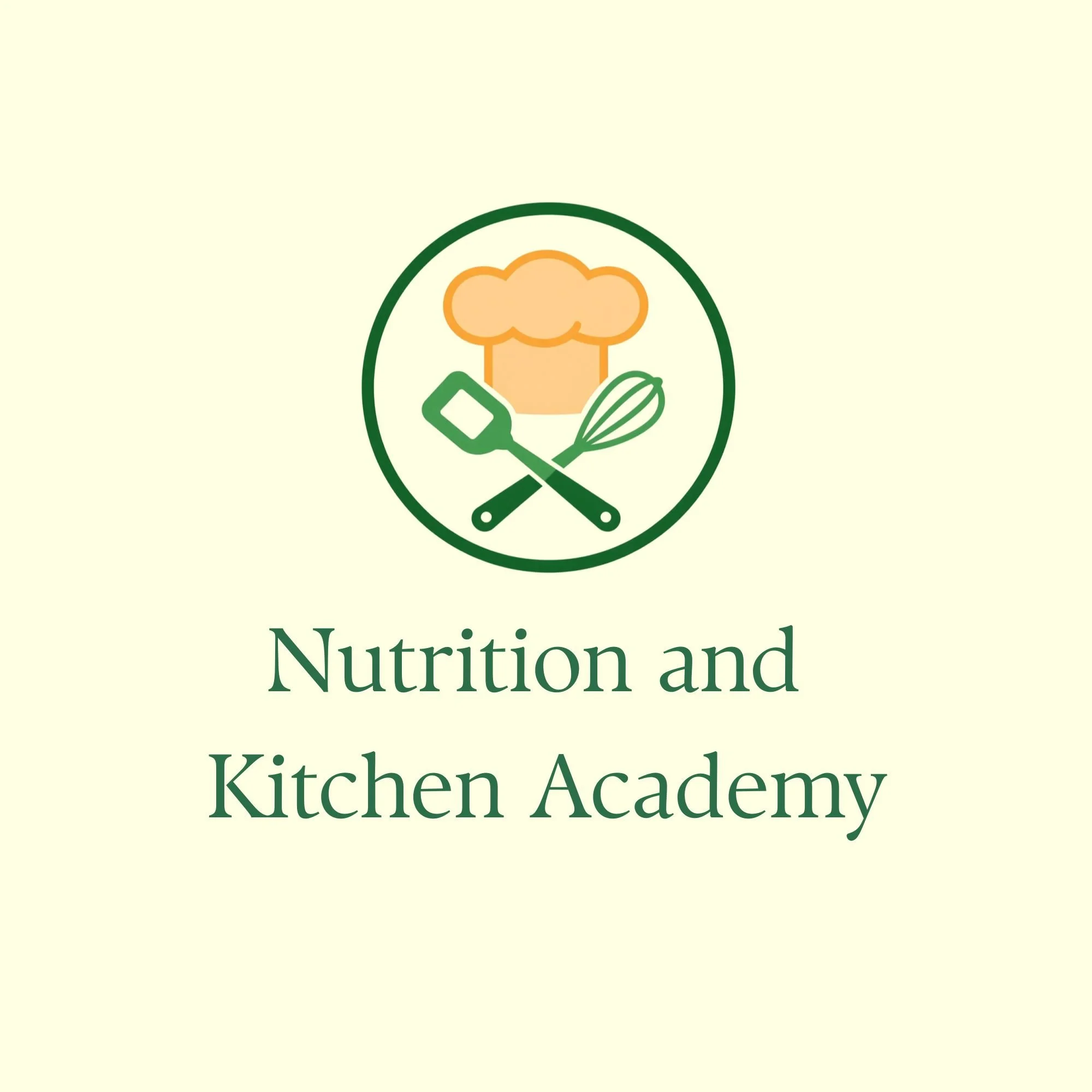 Logo with a chef hat, whisk, spatula, and baking paddle, and the text 'Nutrition and Kitchen Academy'.