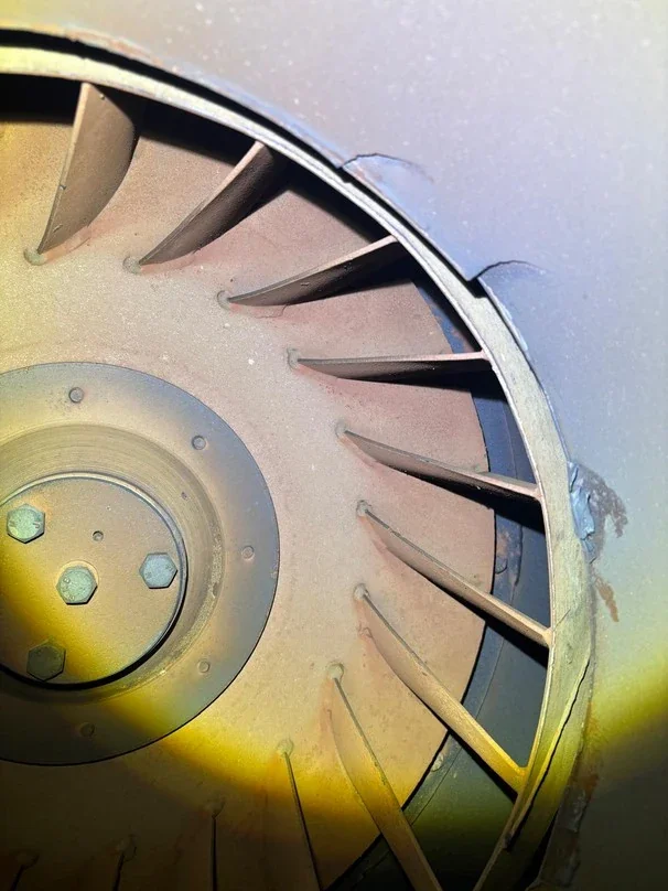 Genuine BOS site photograph: circulation fan and surrounding metalwork during inspection.