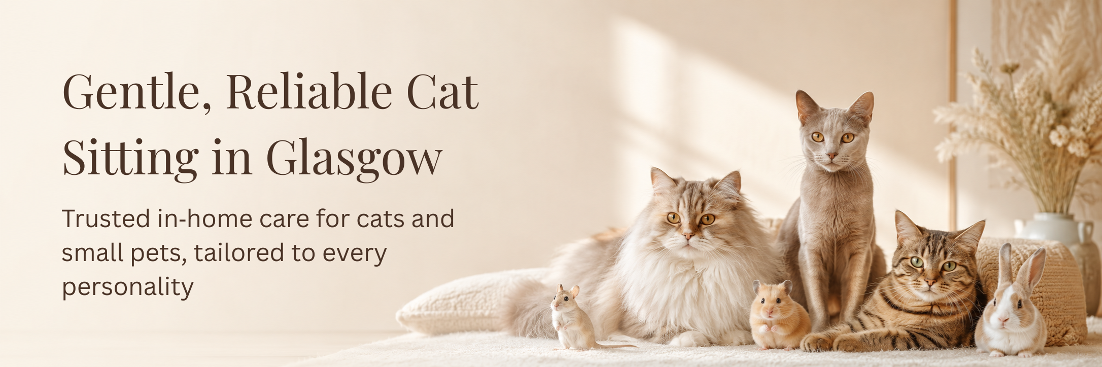 Three cats, two hamsters, and a rabbit sitting together in a softly lit room beside text reading ‘Gentle, Reliable Cat Sitting in Glasgow – Trusted in‑home care for cats and small pets.