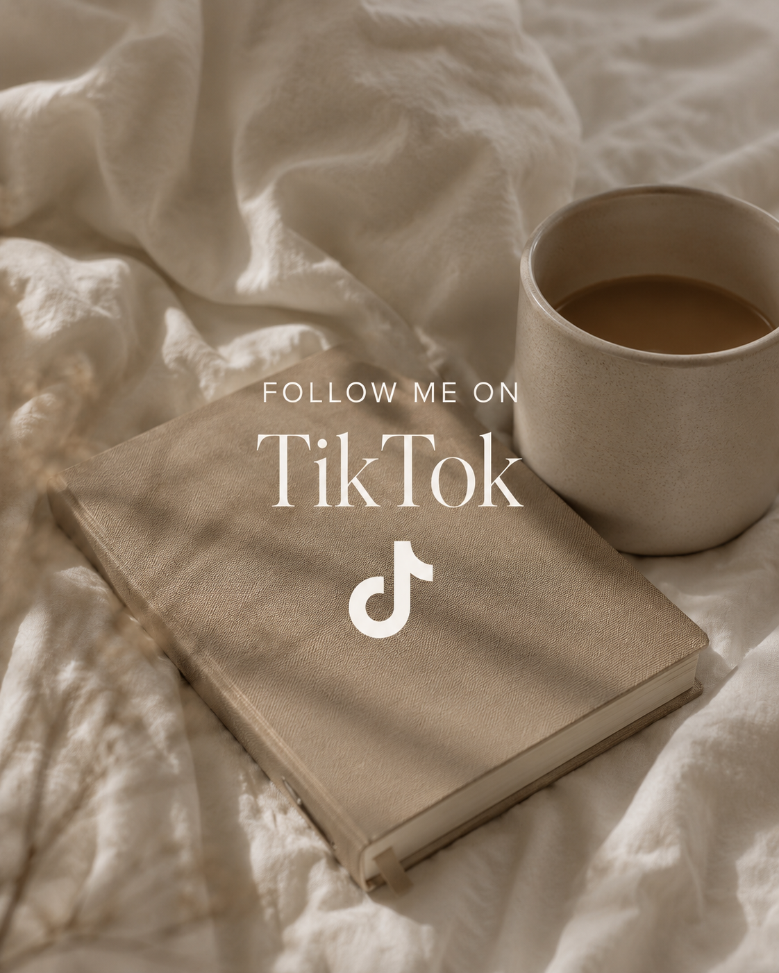 A beige notebook, a cup of coffee, and a white blanket with a text overlay promoting TikTok.