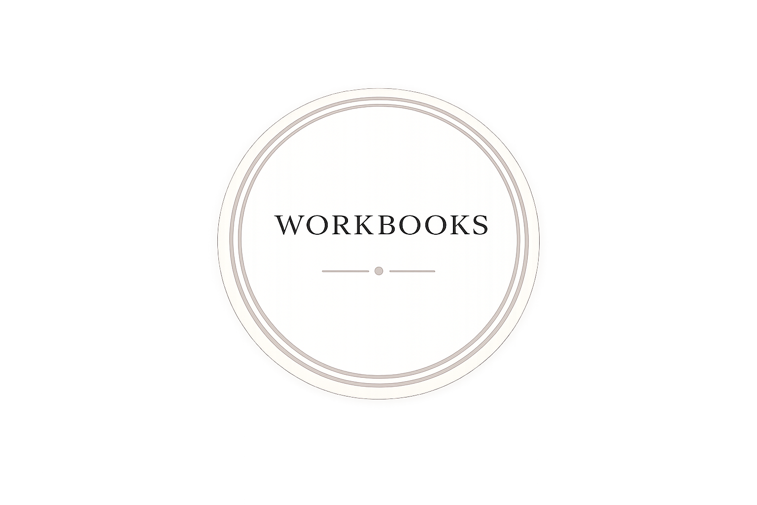 A collection of books on a shelf with a white round label in the center reading 'Workbooks'.