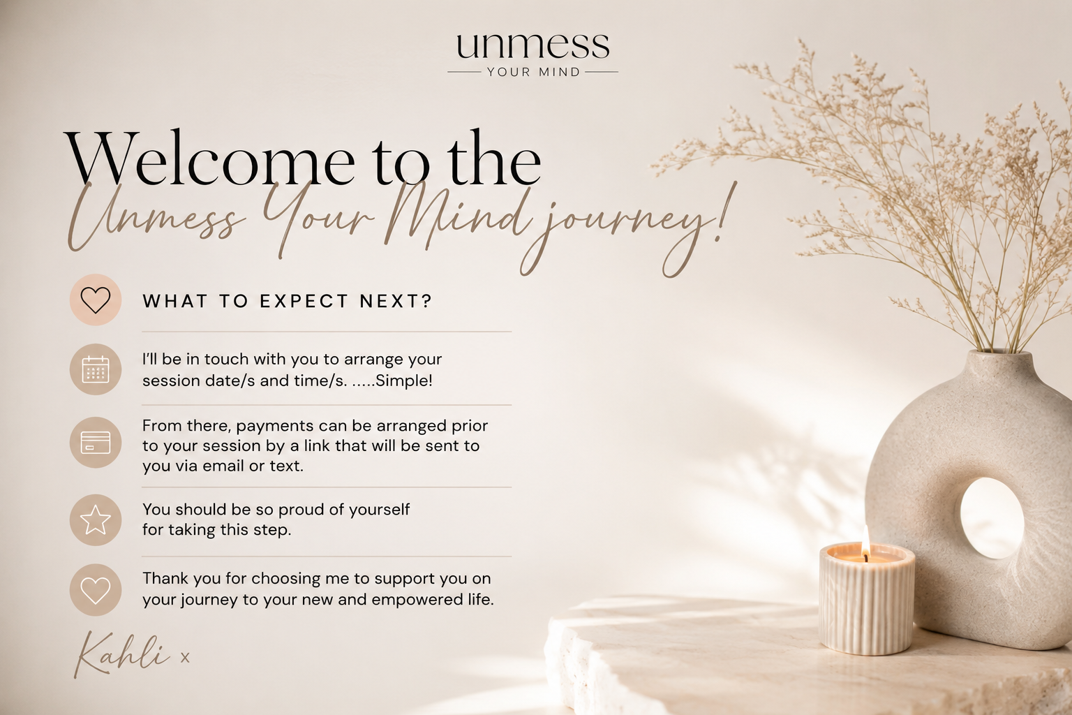 Welcome message from Unmess Your Mind, with text detailing session arrangements, payment info, and encouragement, alongside a minimalist beige vase with dried flowers and a small lit candle on a light surface.