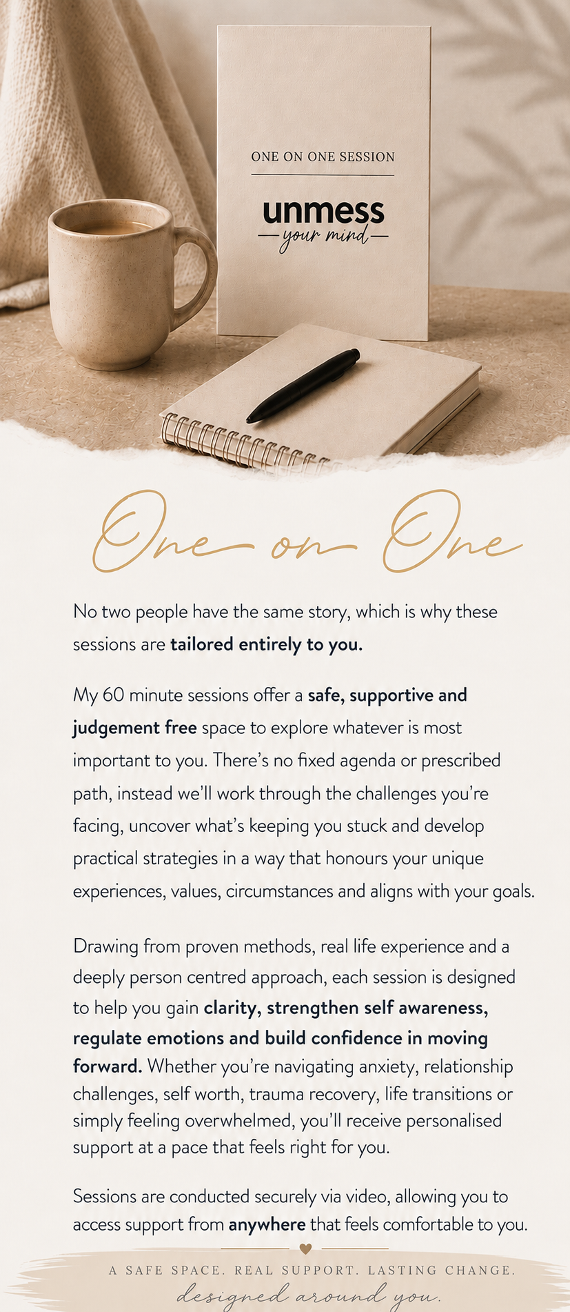 A promotional flyer for personal coaching sessions titled "One on One". The flyer features a beige coffee mug, a black pen on a spiral notepad, and a standing sign with the session title and description. The background includes a textured beige surface and a cozy blanket.