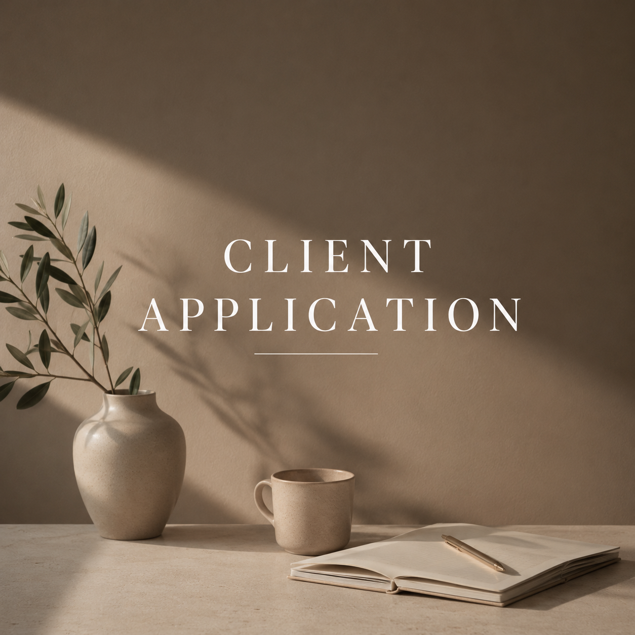 A beige ceramic vase with green leaves, a matching ceramic mug, an open notebook, and a pen on a flat surface with a plain beige background. Overlaid text reads "Client Application."
