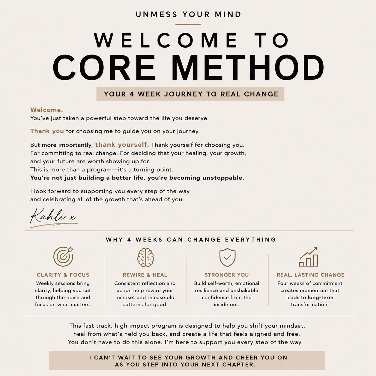 Welcome page for Core Method 4-week journey program, including an introductory message, signature, and benefits of four-week commitment with icons for clarity and focus, rewire and heal, stronger you, and real lasting change.