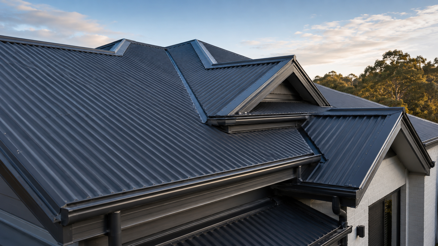 Close-up of a modern house's dark metal roof with multiple slopes and a small dormer window, with trees and sky in the background.