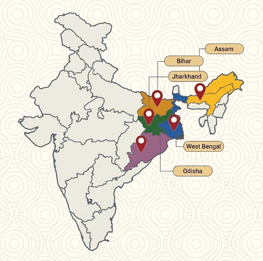 Map of India highlighting the states of Assam, Bihar, Jharkhand, West Bengal, and Odisha with markers indicating their locations.