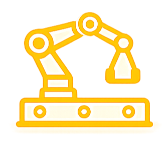 Line drawing of a robotic arm on a conveyor belt.