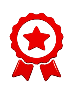 A red medal with a star in the center and two ribbons hanging below.