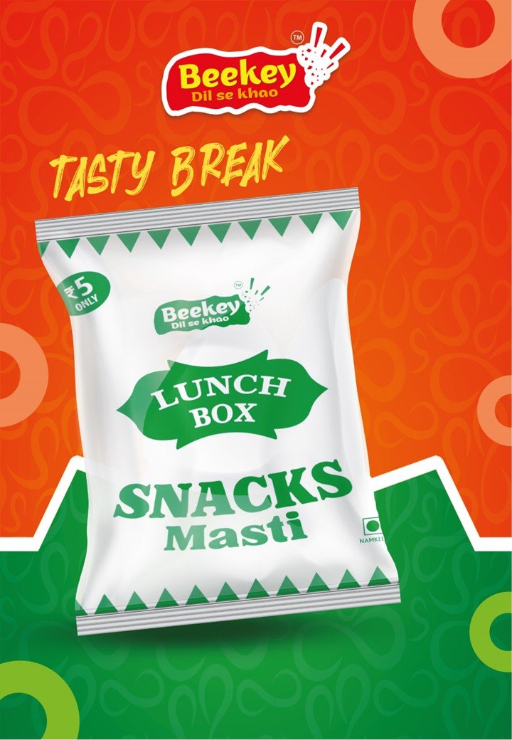 Beekey Lunch Box Snacks Masti packaging with orange, green, and white design, priced at 5 rupees, with tagline "Tasty Break" and brand logo featuring a hand making a peace sign.