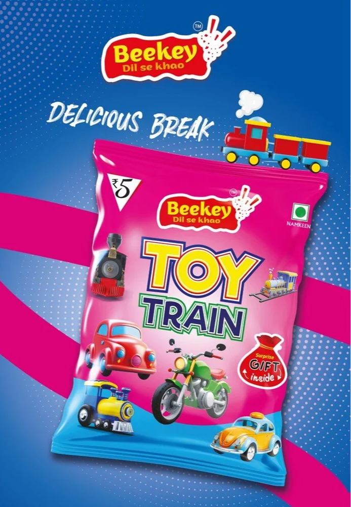 Packaging of Beekey Toy Train with various toy vehicle illustrations, a pink and blue background, and a train graphic at the top.