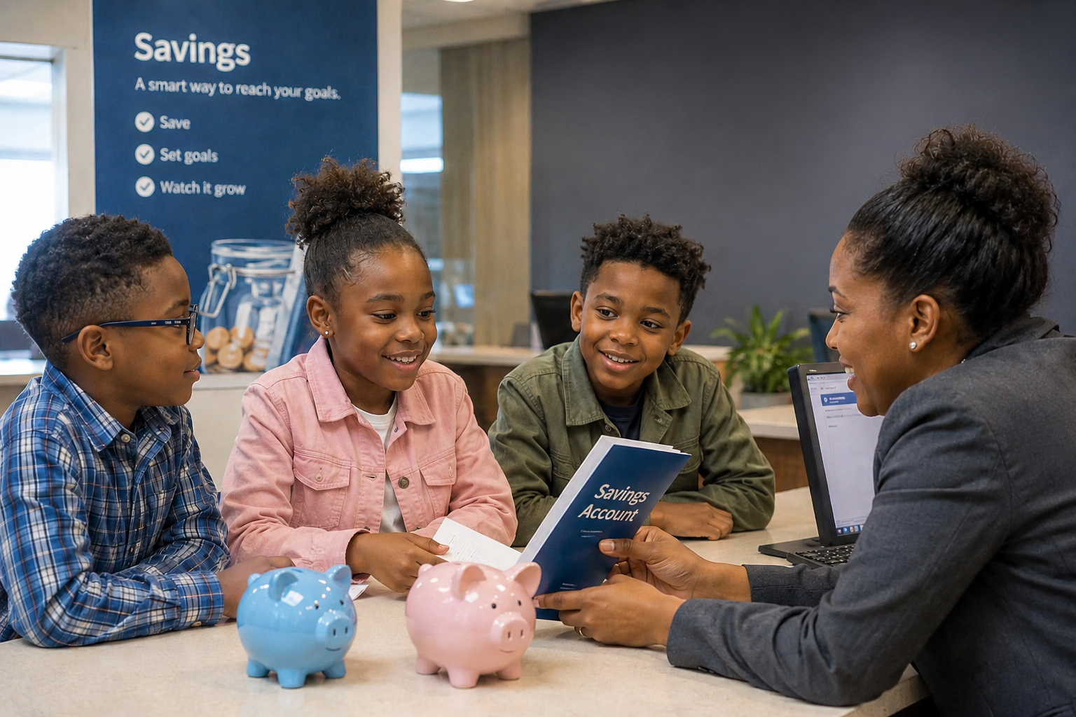 A woman explains a savings account to three children, holding a booklet titled 'Savings Account' in a financial education setting, with piggy banks on the table and a poster about savings in the background.