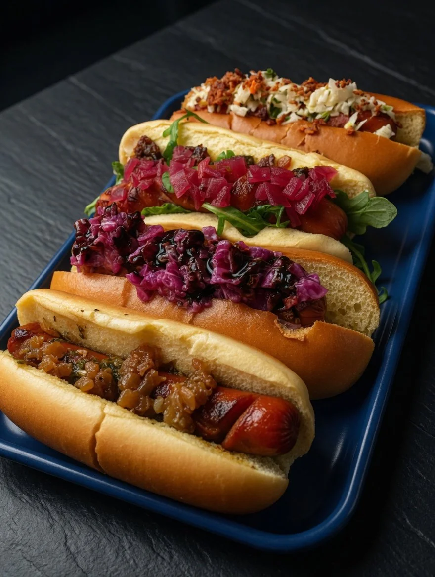 Four hot dogs on a blue platter, each with different toppings including chili, onions, relish, and chopped meat, placed on a black surface.